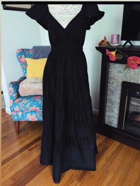Express Black Flutter-Sleeve Smocked-Waist Maxi Dress